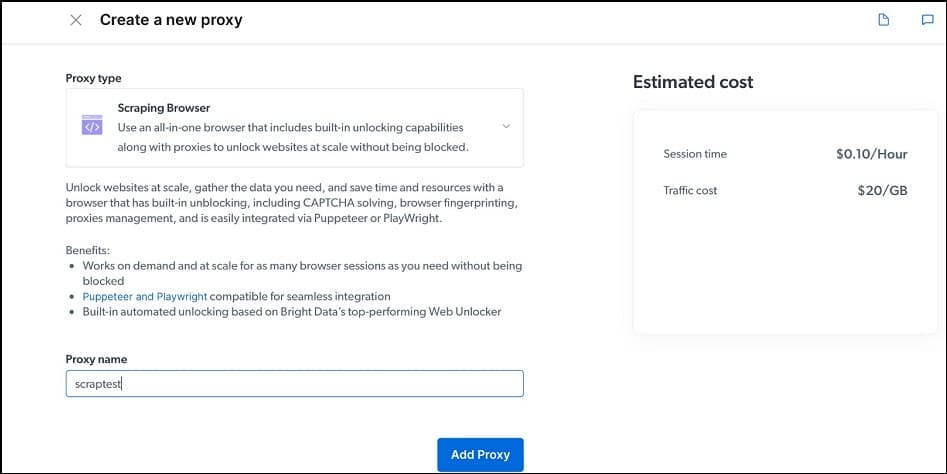 Add Proxy button and choose Scraping Browser