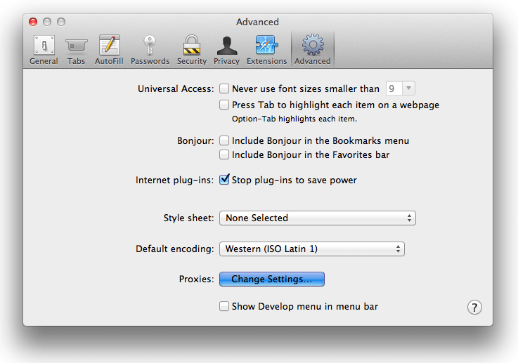 Advanced tab Change Settings