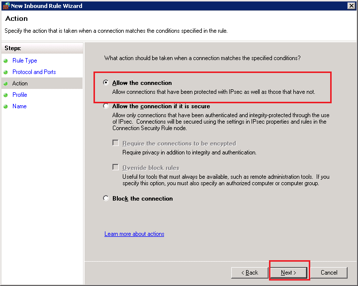 Allow the connection with inboundport