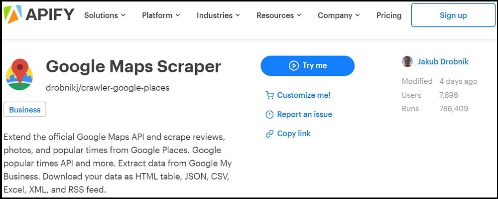 Apify Google Maps Scraper Homepage overview