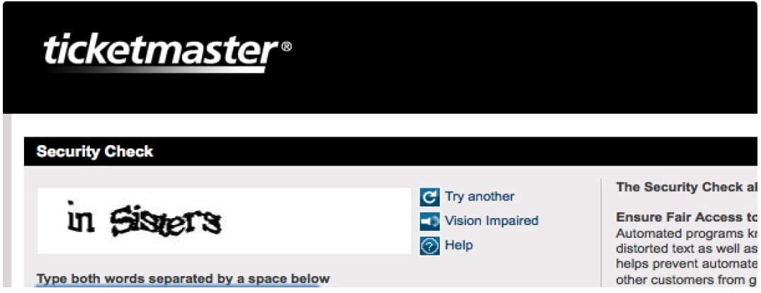 Captchas discerns for Ticketmaster
