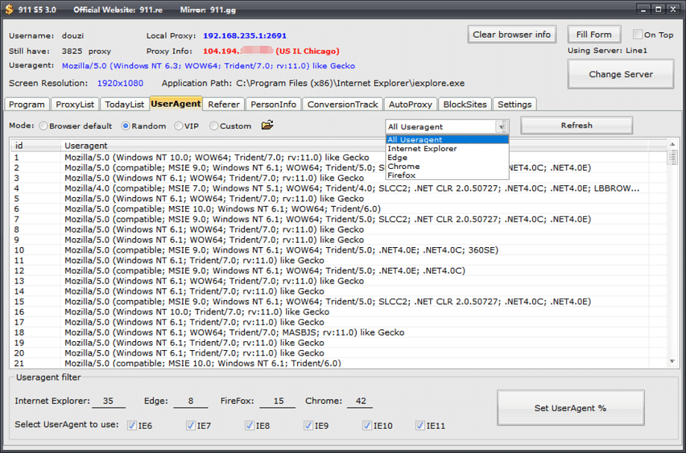 Change User-Agentand Referrer of 911 s5 Proxies
