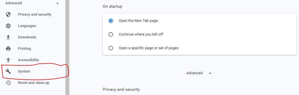 Chrome browser System option
