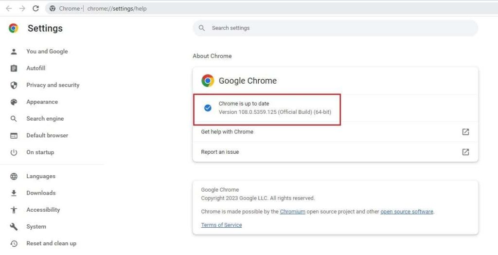 Chrome browser version as shown