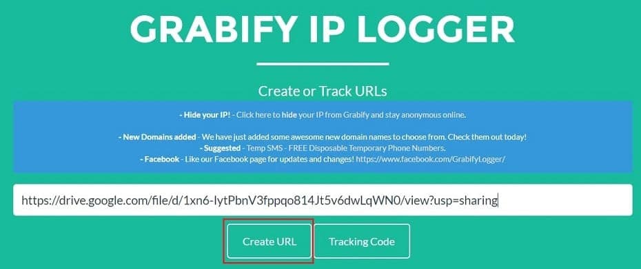Click on the Create URL button of Grabify IP Logger