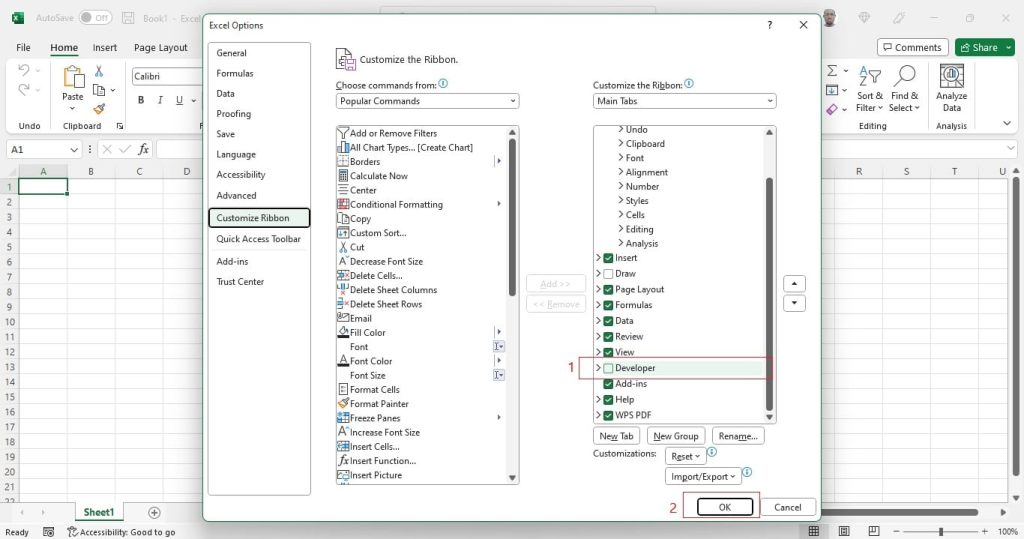 Click on the check box beside developer