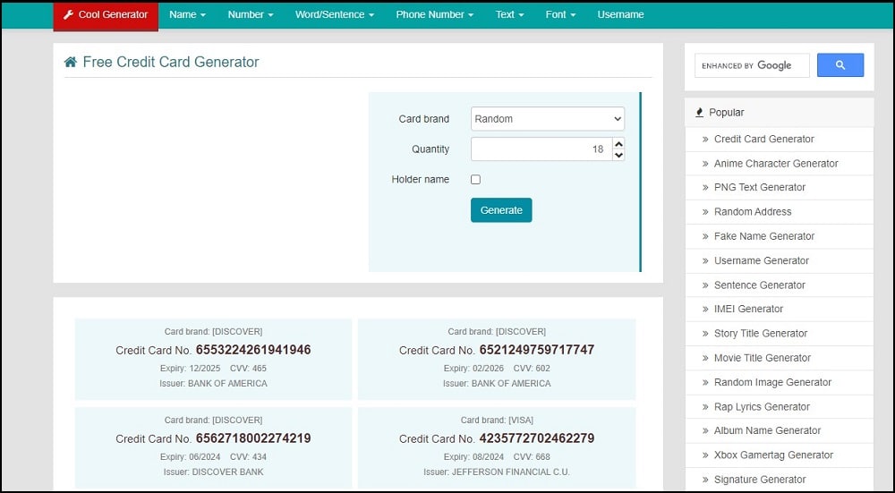 CoolGenerator Card Generator Homepage