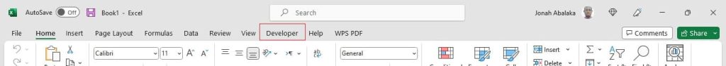 Developer ribbon on the menu bar