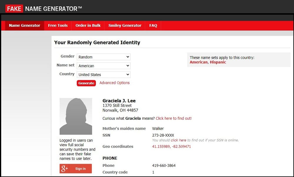 Fake Name Generator Homepage