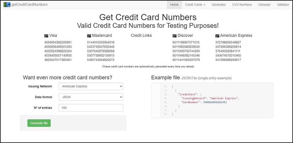 GetCreditCardNumbers Homepage