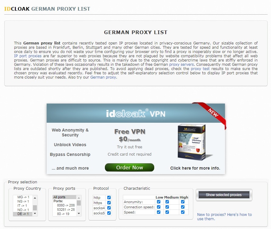 Idcloak List for German