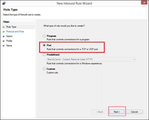 Inbound Rules New Rule port