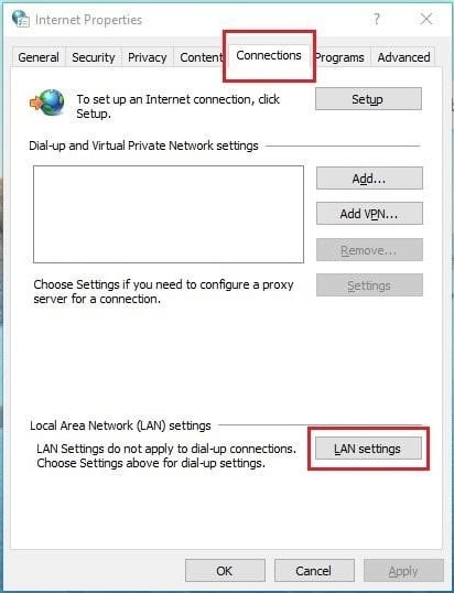 Internet options window