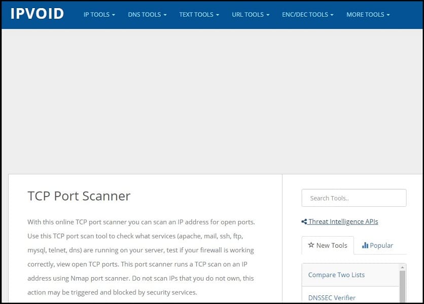 Ipvoid TCP Port Scanner Homepage