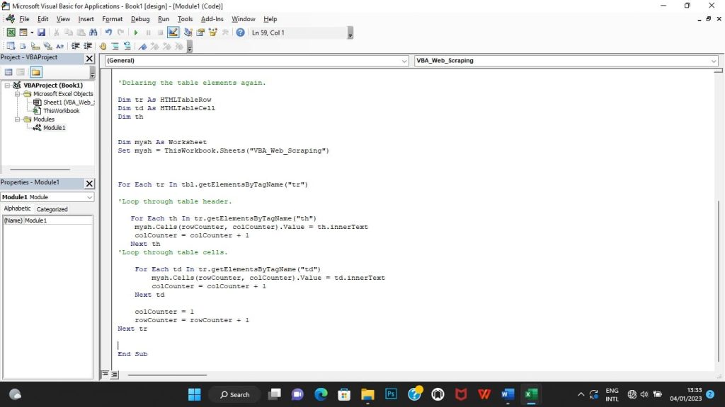 Loop through table Cells