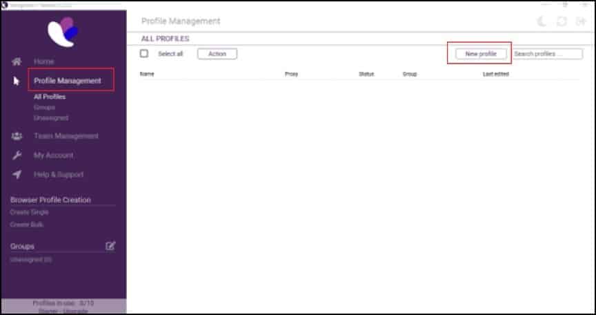 New profile under Profile Management