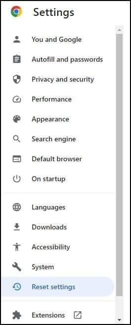 Open Google Reset Settings