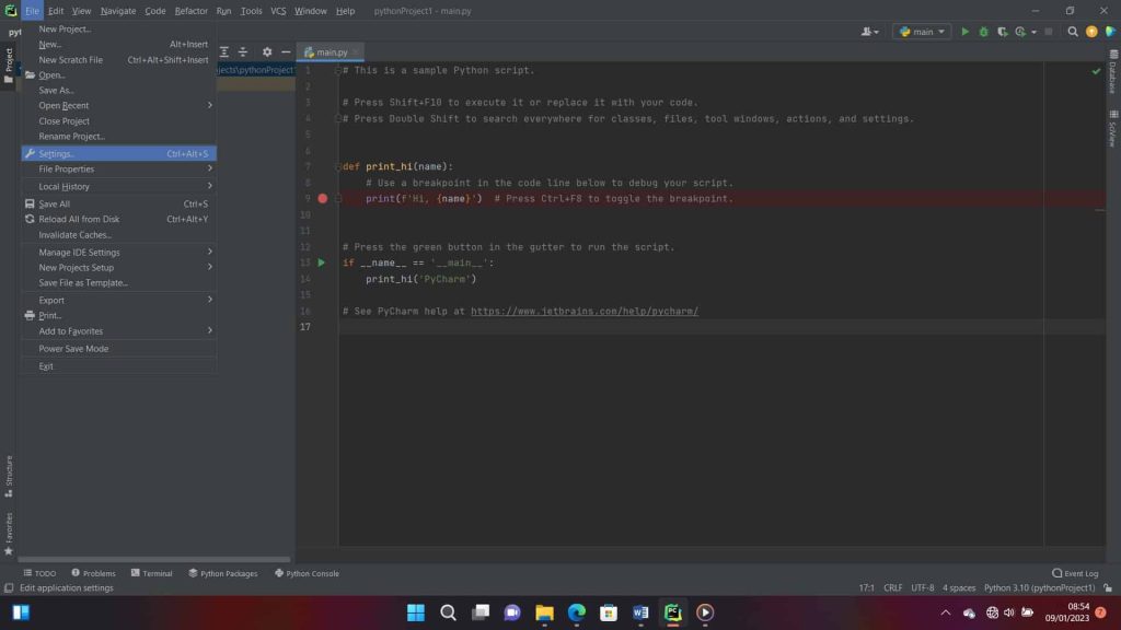 Pick File from the menu bar and then scroll down to Settings