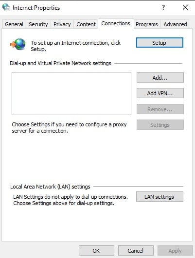 Popup window with lan settings