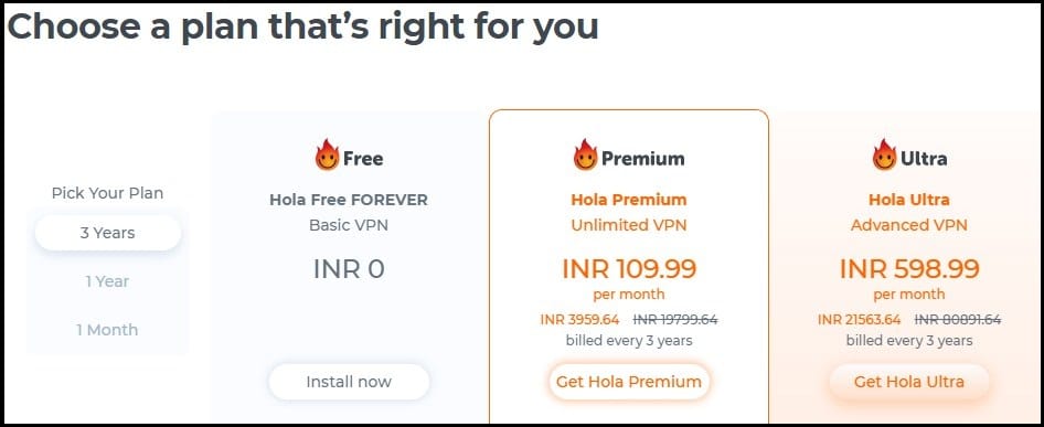 Pricing of Hola VPN
