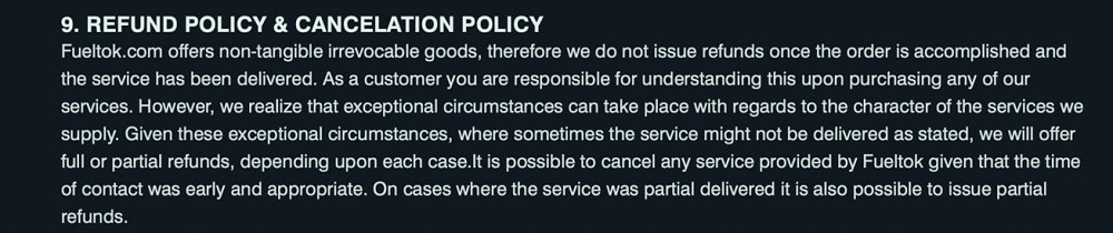 Refund and Cancelation Policy for Fueltok