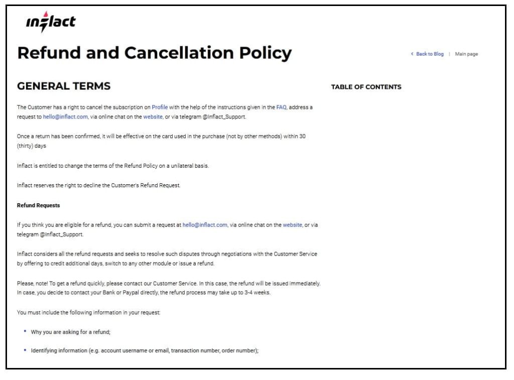 Refund policy of Inflact