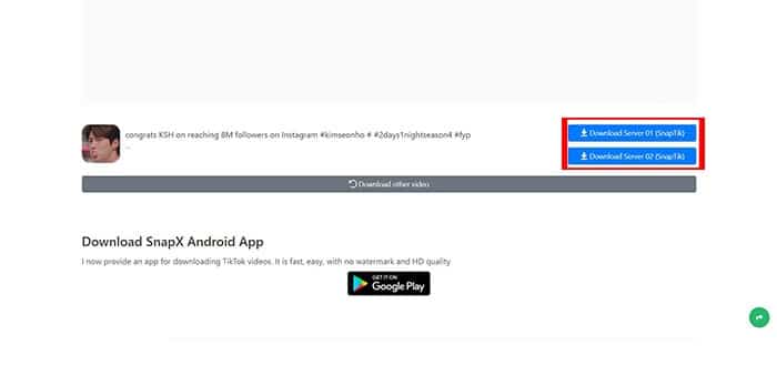 Save button to start downloading the video