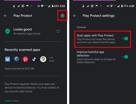 Scan apps with Play Protect toggle