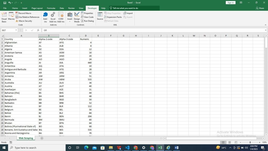 Scraped data should look like the image below in your worksheet