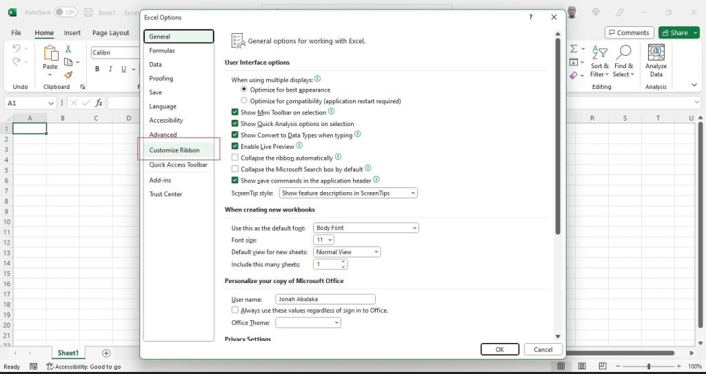 Select the Customize Ribbon option