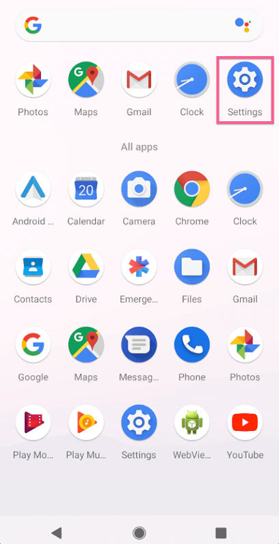 Settings for Android device