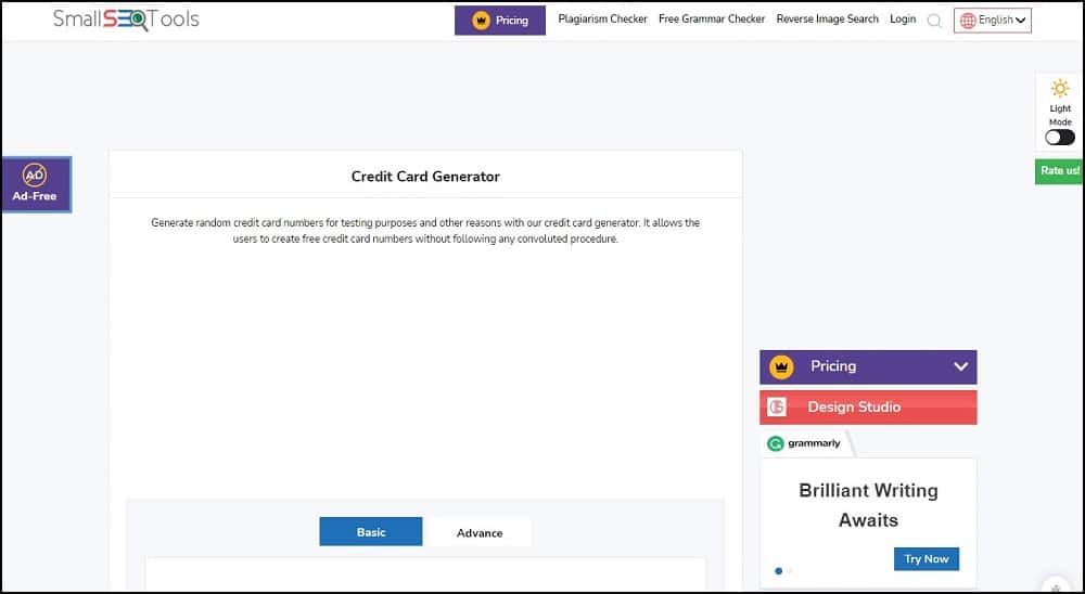 SmallSEOTools Credit Card Generator Homepage