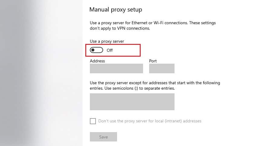 Toggle Use a proxy server OFF