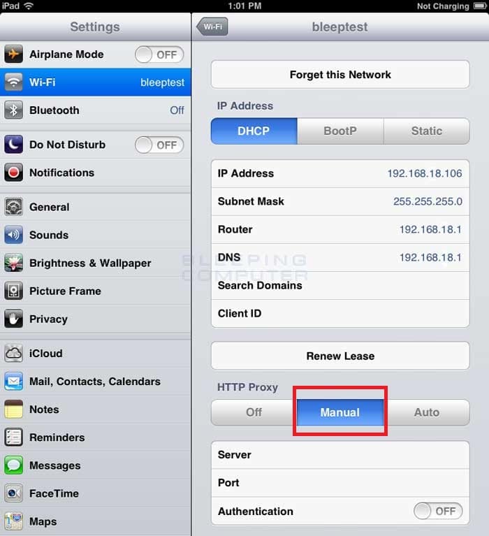 iPhone manual proxy settings
