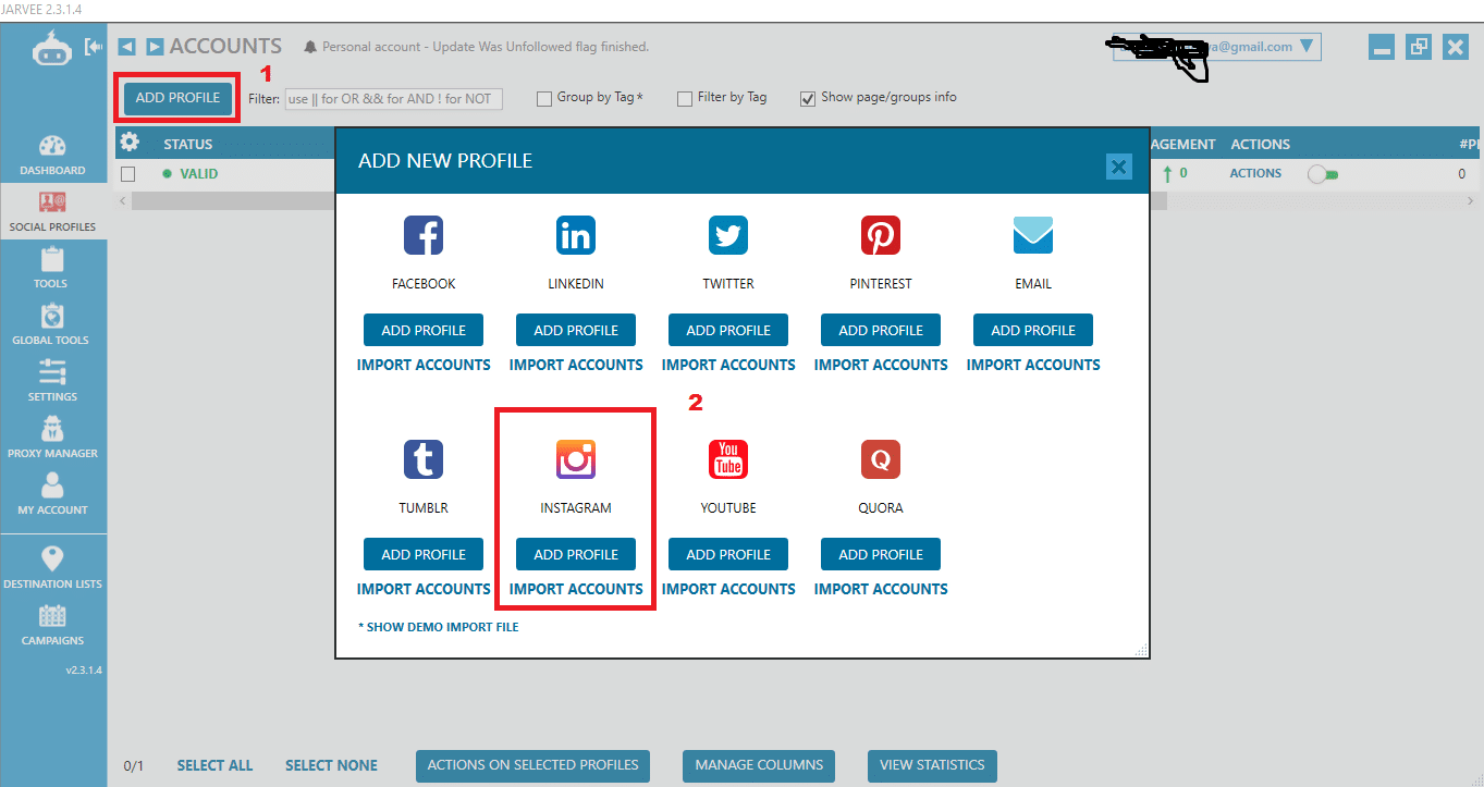 import accounts on Jarvee