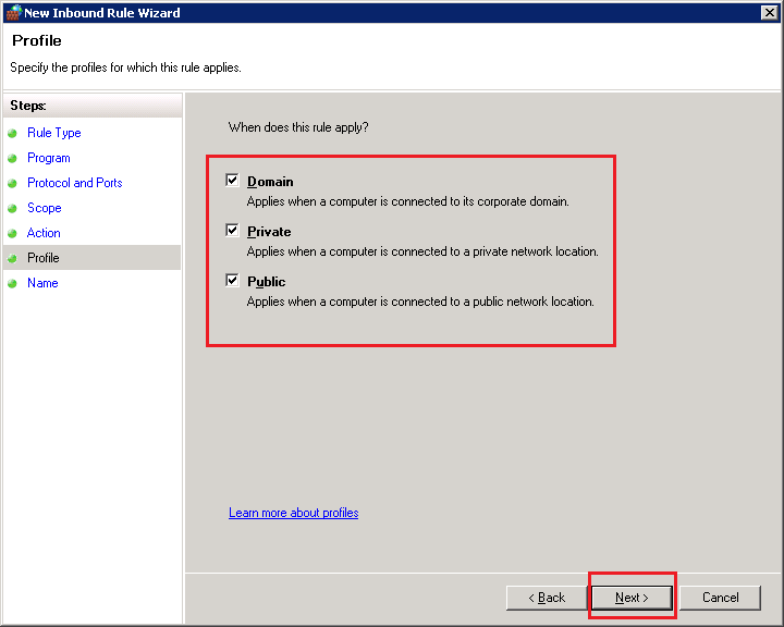 inbound rules all option checked