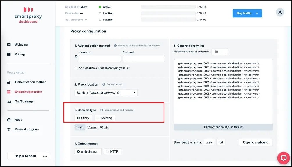 session type for smartproxy
