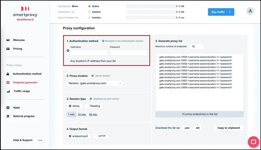 smartproxy authentication details
