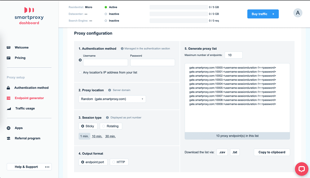 smartproxy dashboard endpoints